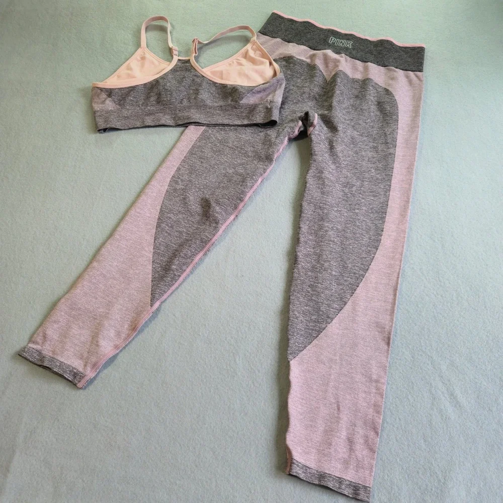 PINK Victoria's Secret Activewear Set Women XL Grey Pink Seamless Leggings Bra - Picture 3 of 8